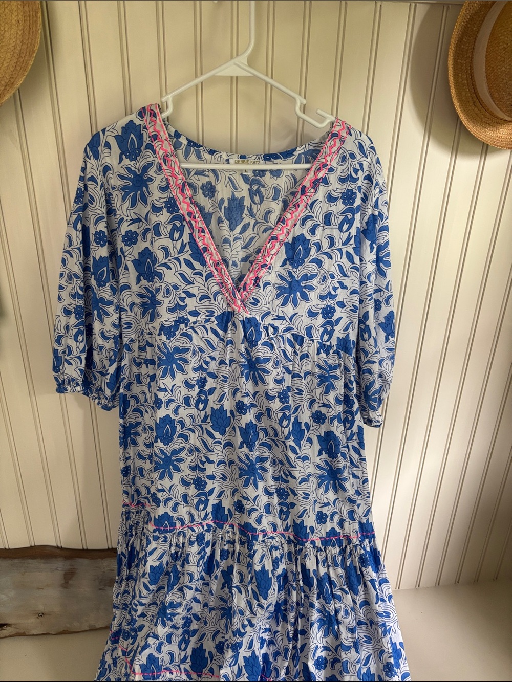 Debbie Katz Blue & White Floral V-Neck Midi Dress with Pink Trim